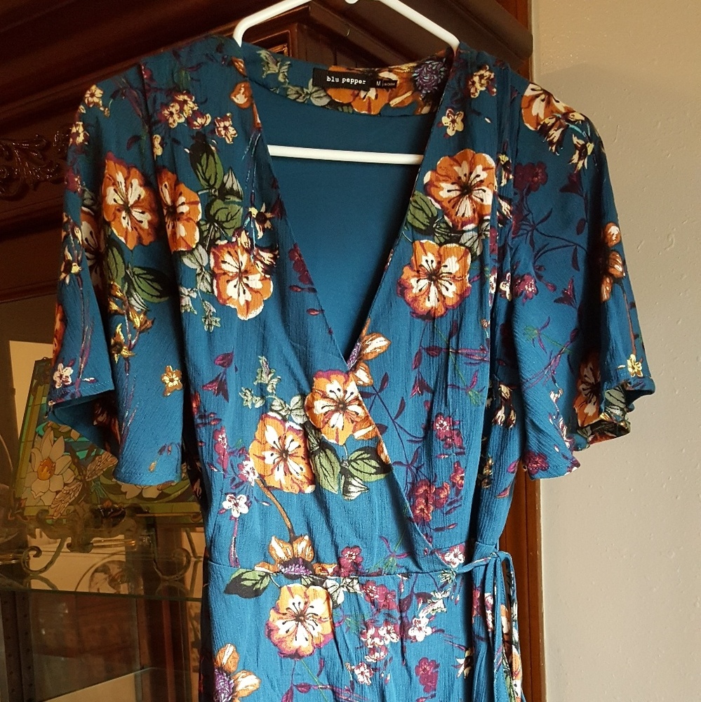 Teal floral wrap dress